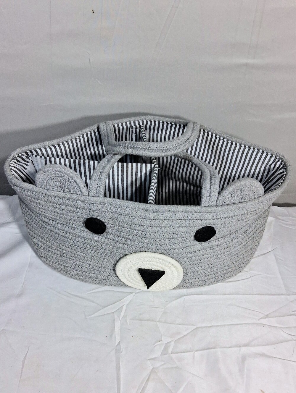 Diaper Bag Organizer Woven Cotton Bear Faced Handles w/3 Adjustable Dividers